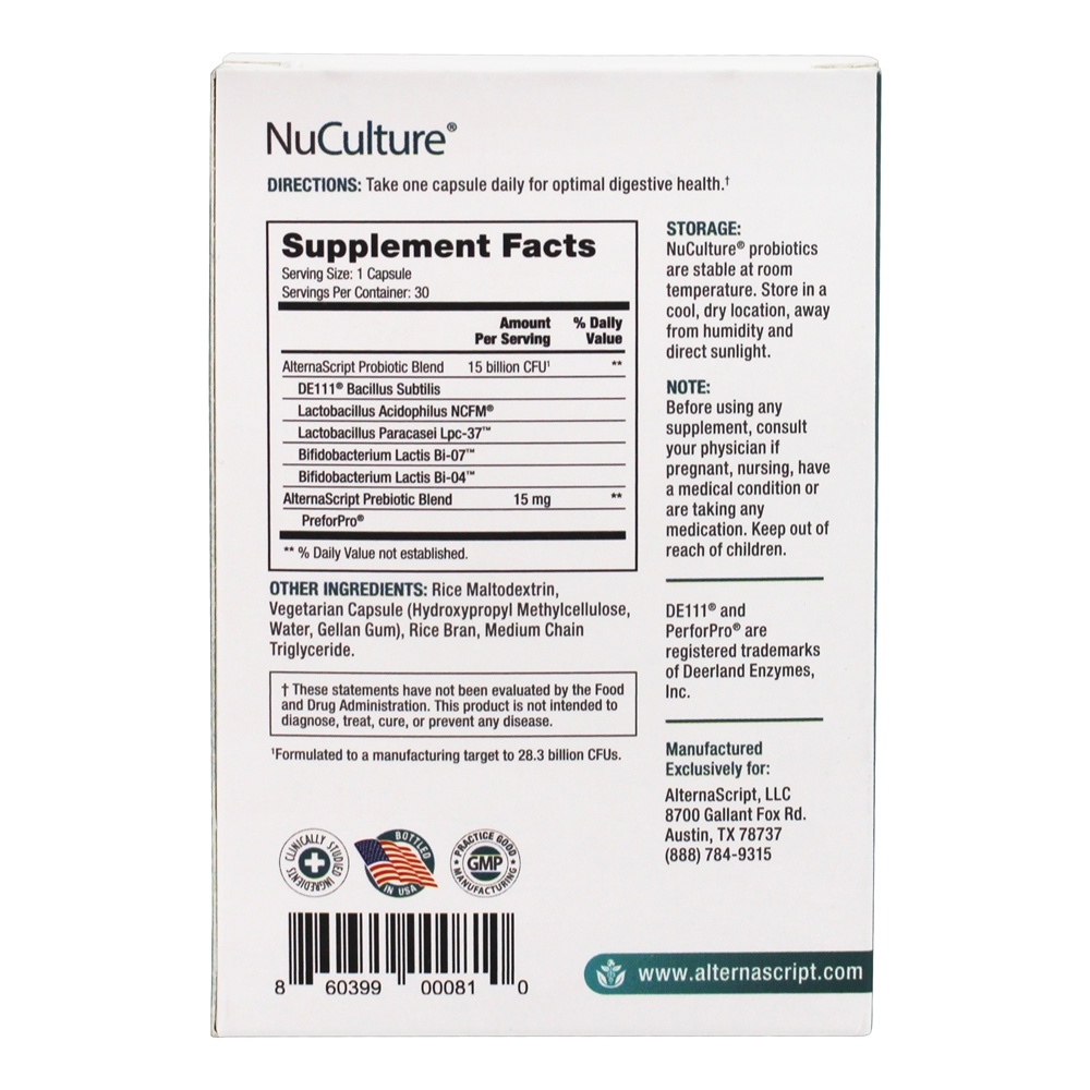 NuCulture Probiotics Digestion Imunity Formula 15 Bilhões de UFC - Cápsulas 30 AlternaScript - Imagem 3