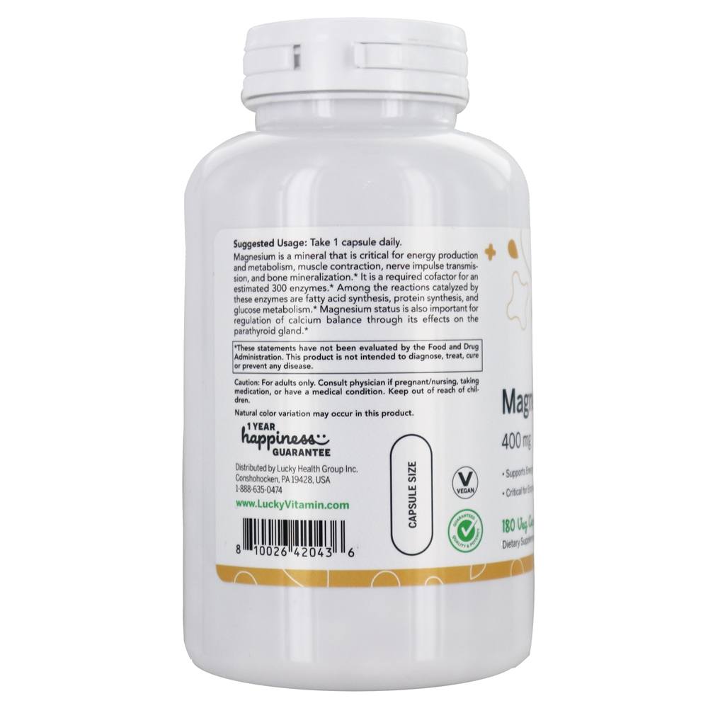Magnésio 400 mg. - Cápsulas LuckyVitamin 180 LuckyVitamin - Imagem 3