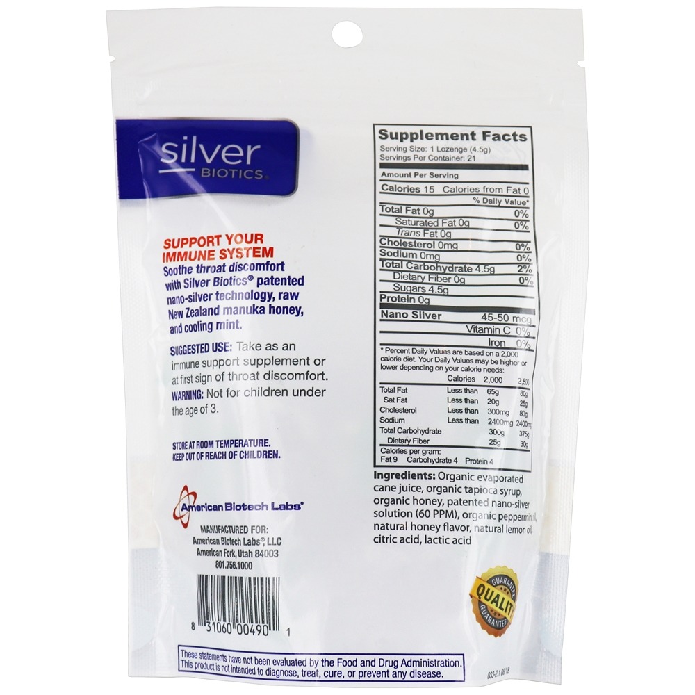 Biotics de prata Manuka Honey Mighty Manuka Mint - 21 Pastilhas American Biotech Labs - Imagem 2