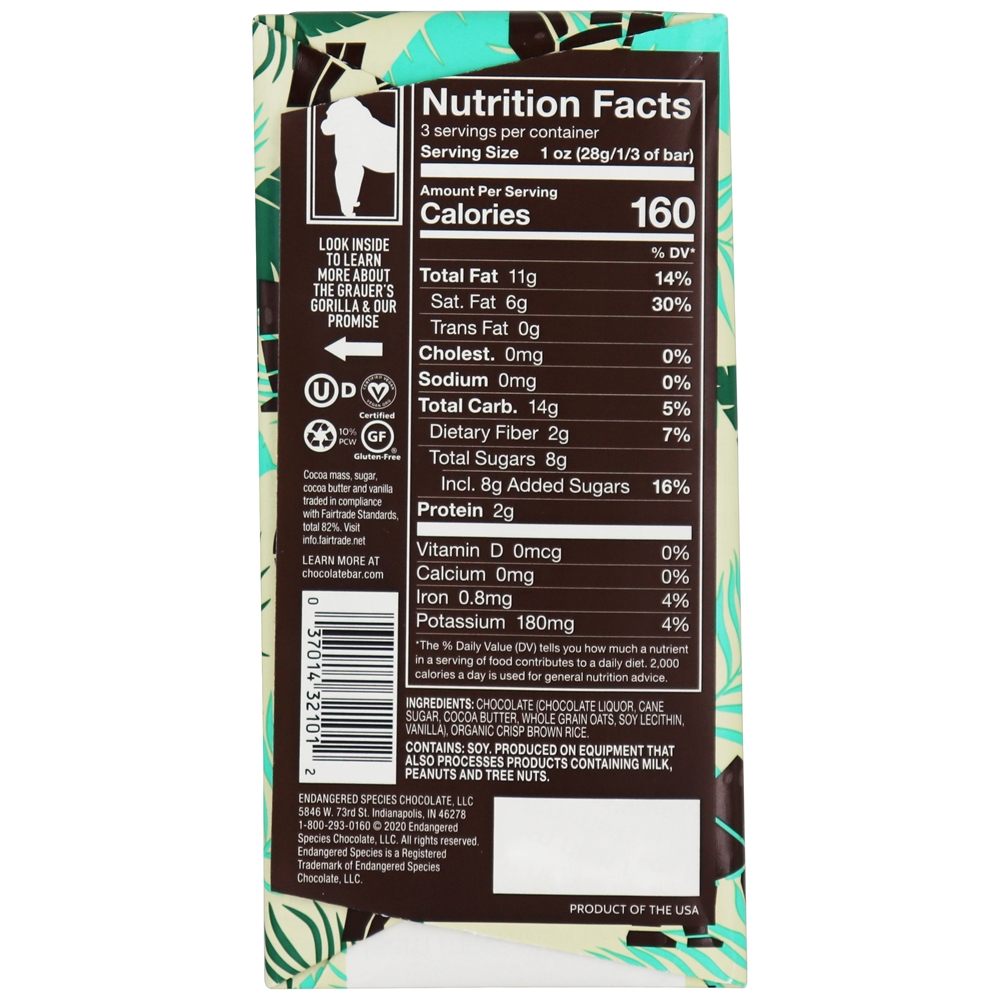 Barra de Chocolate Amargo 55 % Cacau Leite de Aveia e Arroz Crocante - 3 oz. Endangered Species - Imagem 2