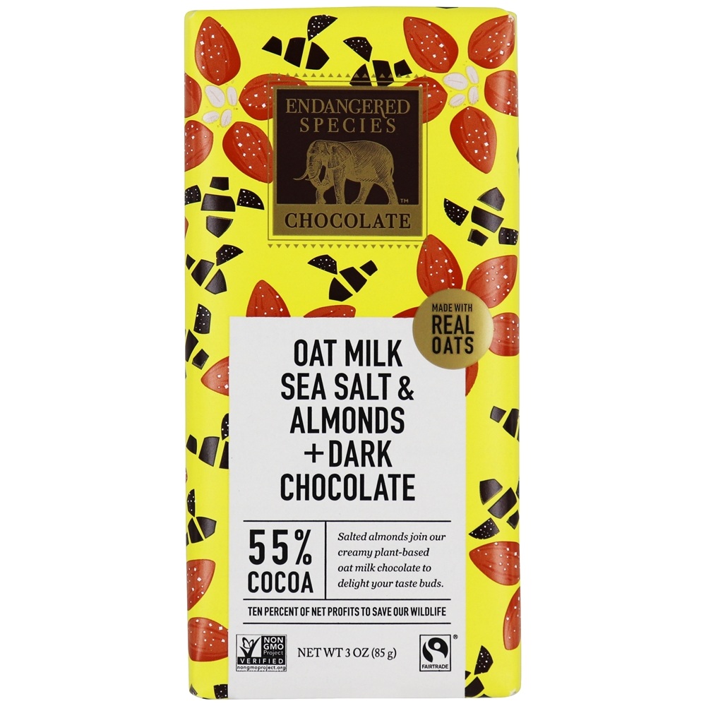 Barra de chocolate escuro 55 % de leite de cacau com aveia, sal marinho e amêndoas - 3 oz. Endangered Species