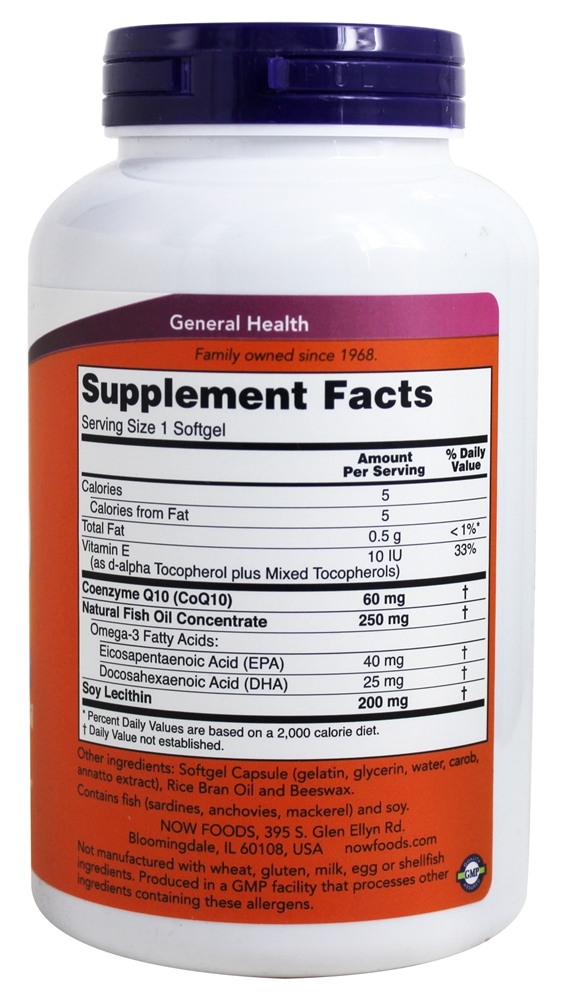 CoQ10 com Omega - 3 Óleo de Peixe 60 mg . - 240 Softgels NOW Foods - Imagem 2
