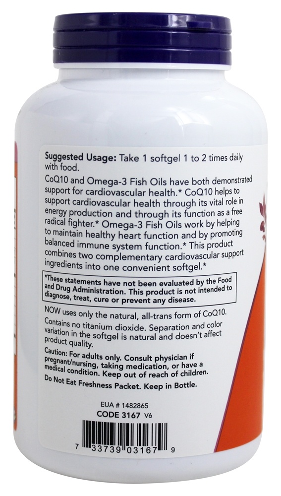 CoQ10 com Omega - 3 Óleo de Peixe 60 mg . - 240 Softgels NOW Foods - Imagem 3