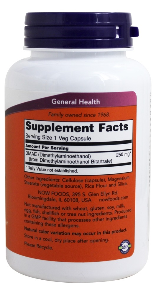 DMAE 250 mg. - Cápsulas vegetarianas 100 NOW Foods - Imagem 2