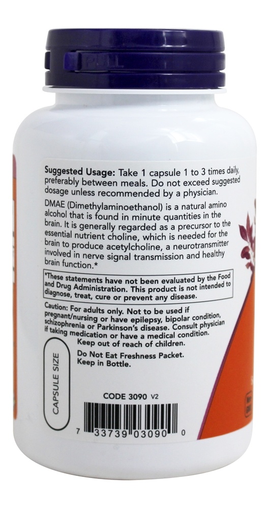 DMAE 250 mg. - Cápsulas vegetarianas 100 NOW Foods - Imagem 3
