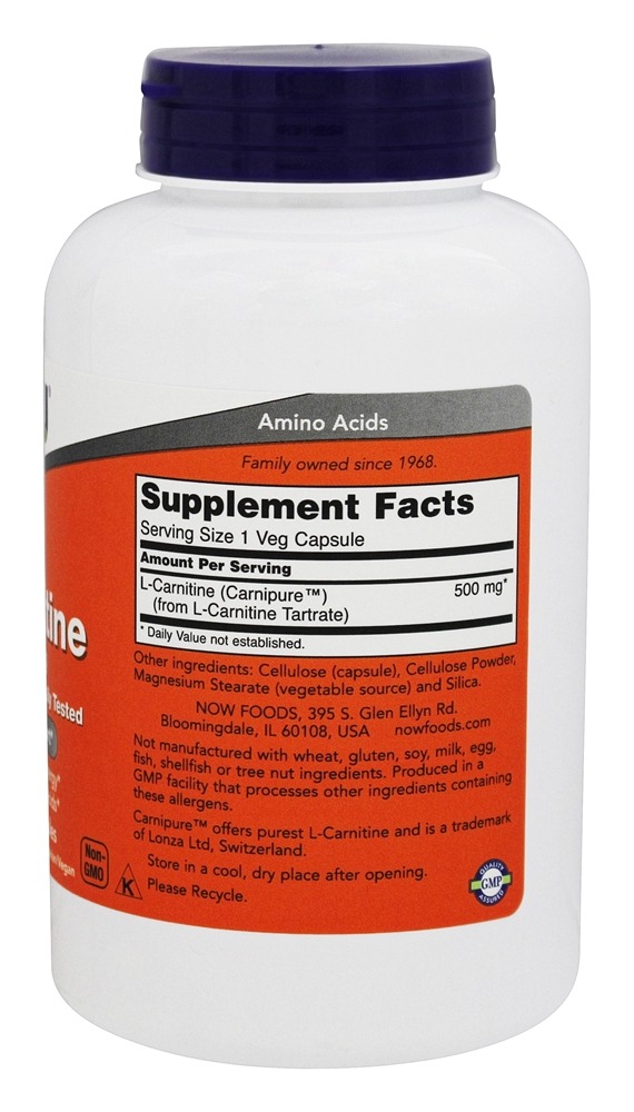 L-Carnitina 500 mg. - Cápsulas 180 NOW Foods - Imagem 2