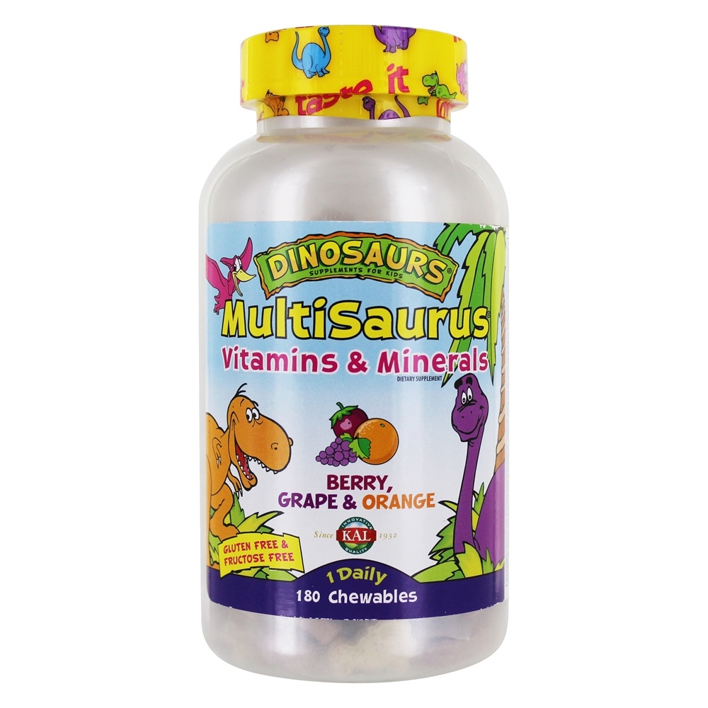 Multisaurus Vitaminas & Minerais Para Crianças Sabor Uva, Laranja & Frutas - 180 comprimidos mastigáveis Kal