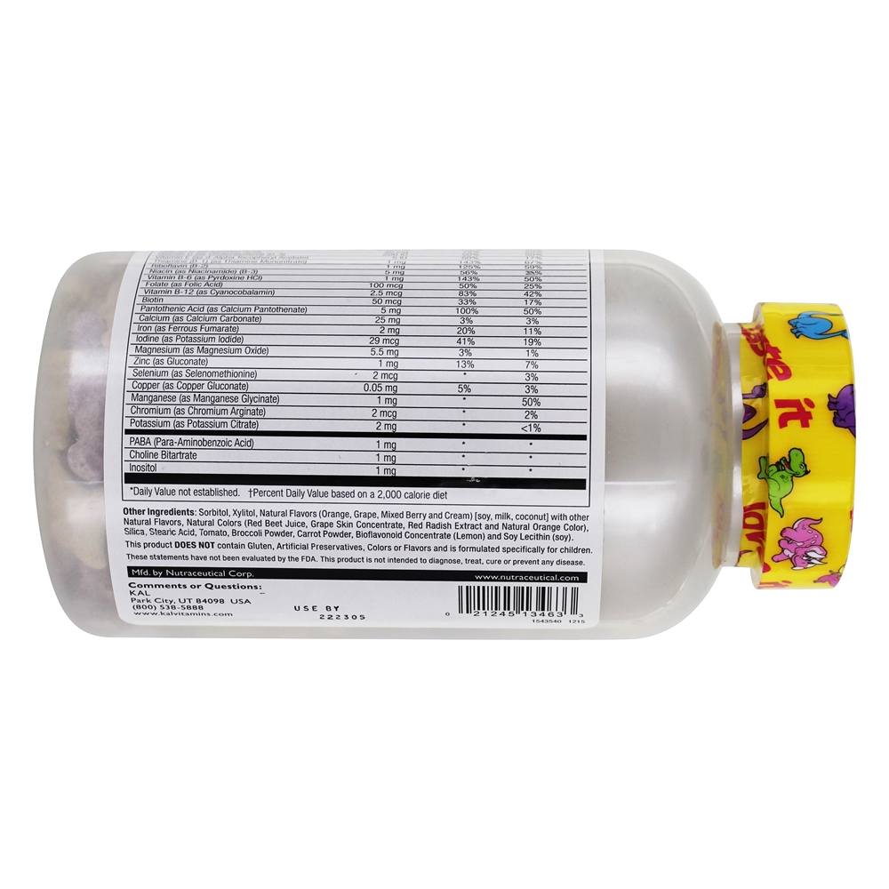 Multisaurus Vitaminas & Minerais Para Crianças Sabor Uva, Laranja & Frutas - 180 comprimidos mastigáveis Kal - Imagem 3