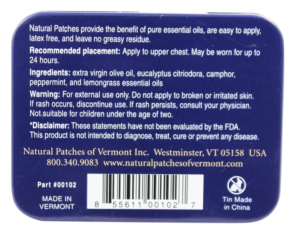 Calmante Tosse & Constipações Fórmula Essencial óleo Remendos Eucalipto Citriodora - 10 Patch (s) Anteriormente Naturopatch Natural Patches of Vermont - Imagem 2