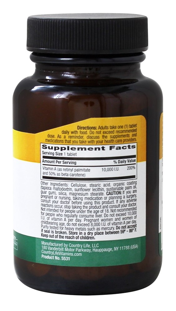 Vitamina A Seca 10000 UI - 100 Tablets Country Life - Imagem 2