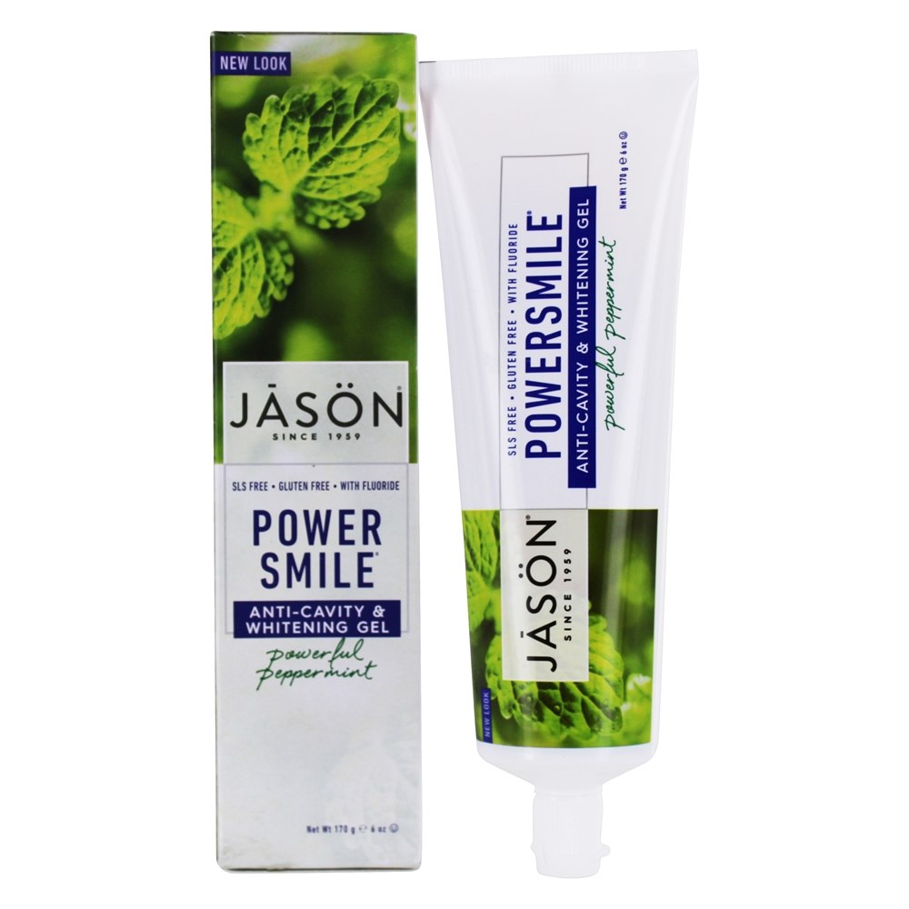 PowerSmile Anti-Cavidades e Branqueamento Gel Com Fluoreto Poderoso Peppermint - 6 oz. JASON Natural Products