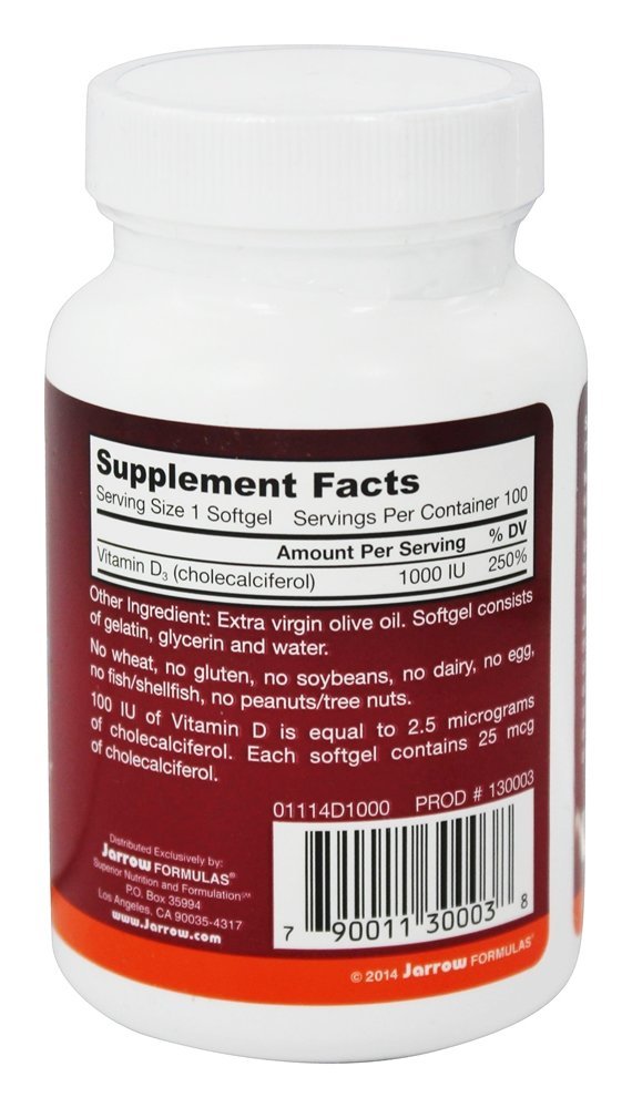 Colecalciferol Vitamina D3 1000 UI - 100 Softgels Jarrow Formulas - Imagem 2