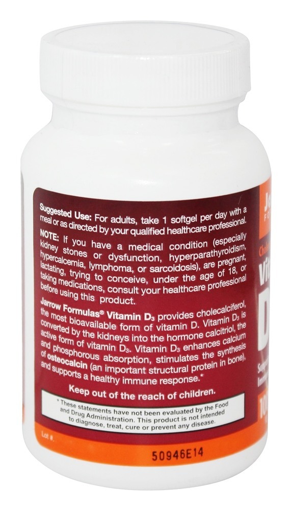 Colecalciferol Vitamina D3 1000 UI - 100 Softgels Jarrow Formulas - Imagem 3