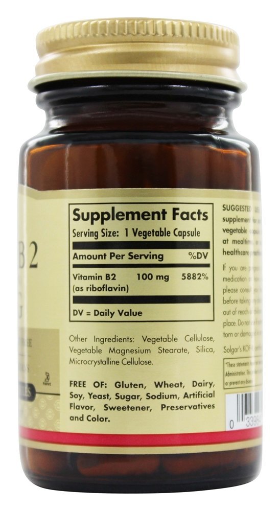 Vitamina B2 (Riboflavina) 100 mg. - Cápsulas vegetarianas 100 Solgar - Imagem 2