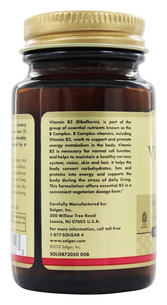 Vitamina B2 (Riboflavina) 100 mg. - Cápsulas vegetarianas 100 Solgar - Imagem 4