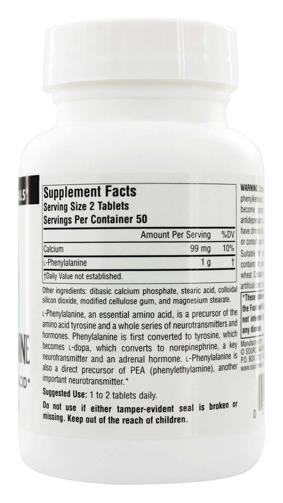 L-Fenilalanina Essencial Livre Forma Amino ácido 500 mg. - 100 Tablets Source Naturals - Imagem 2