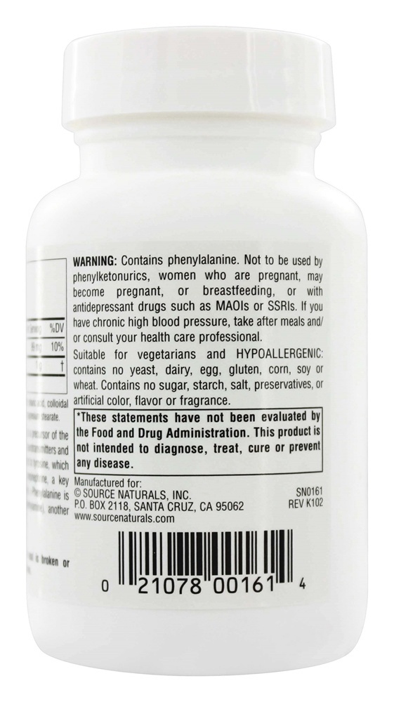 L-Fenilalanina Essencial Livre Forma Amino ácido 500 mg. - 100 Tablets Source Naturals - Imagem 3