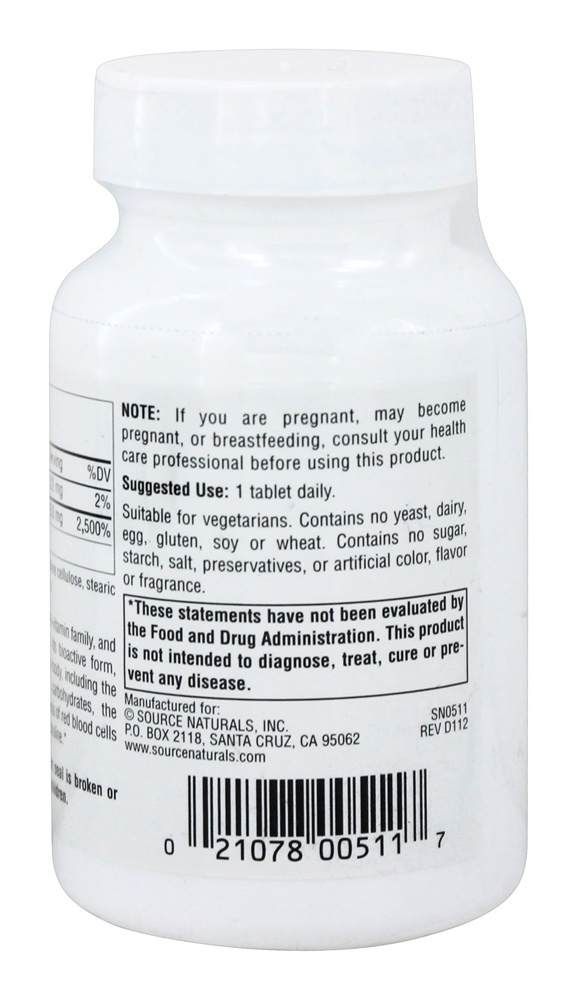 Ácido Pantotênico Vitamina B5 250 mg. - 100 Tablets Source Naturals - Imagem 3