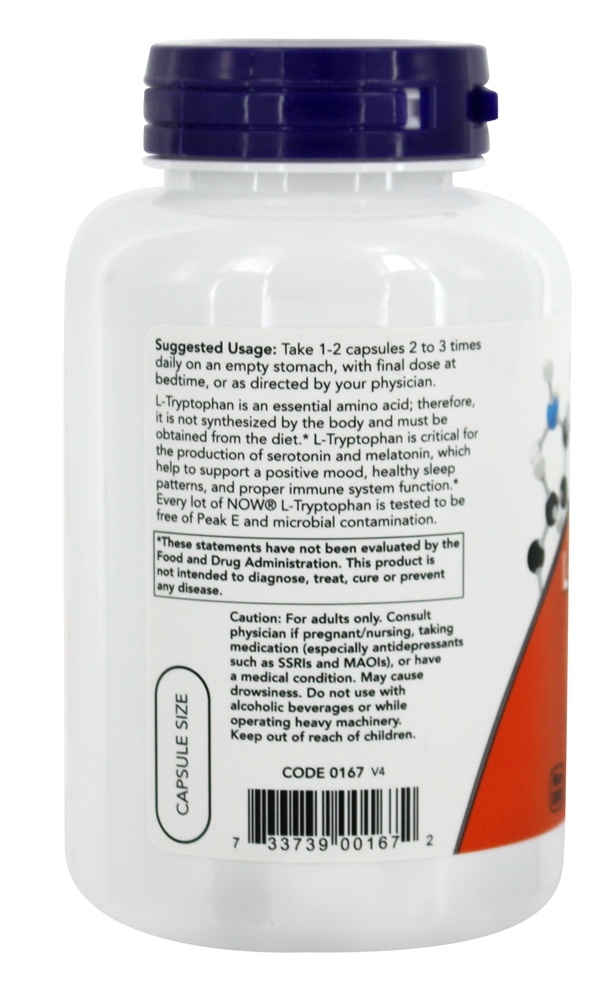 L-Triptofano 500 mg. - Cápsulas vegetarianas 120 NOW Foods - Imagem 3