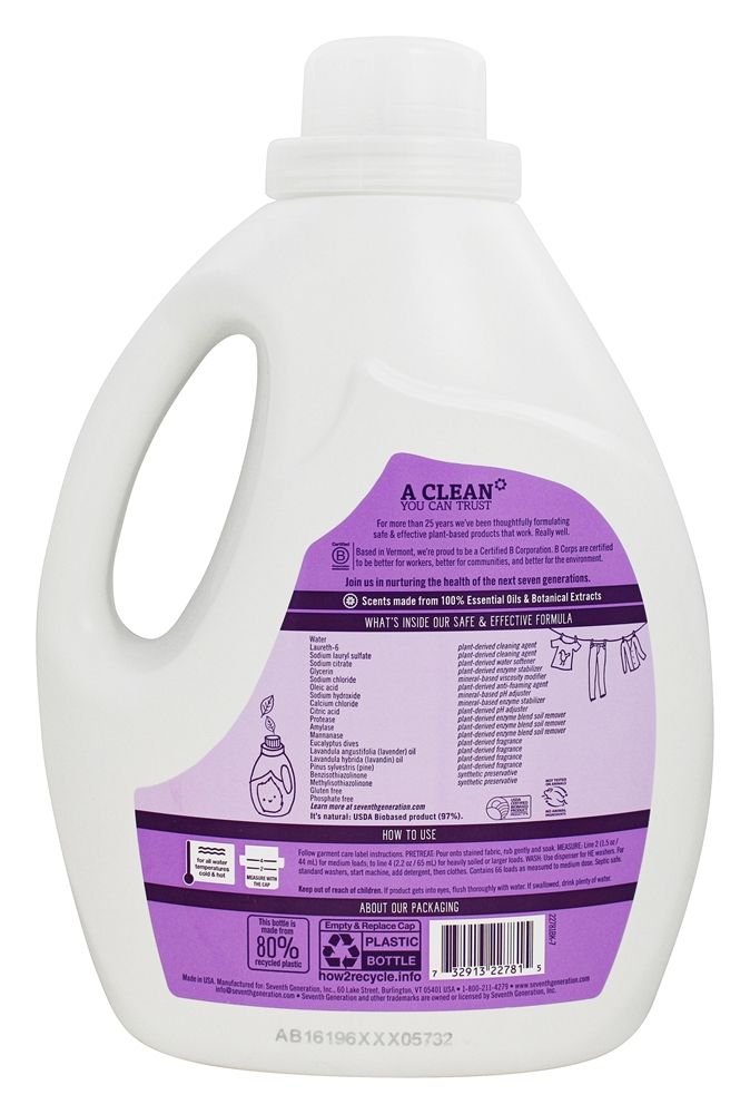 Detergente de lavanderia líquida natural 66 carrega lavanda e eucalipto azul - 100 fl. oz. Seventh Generation - Imagem 3