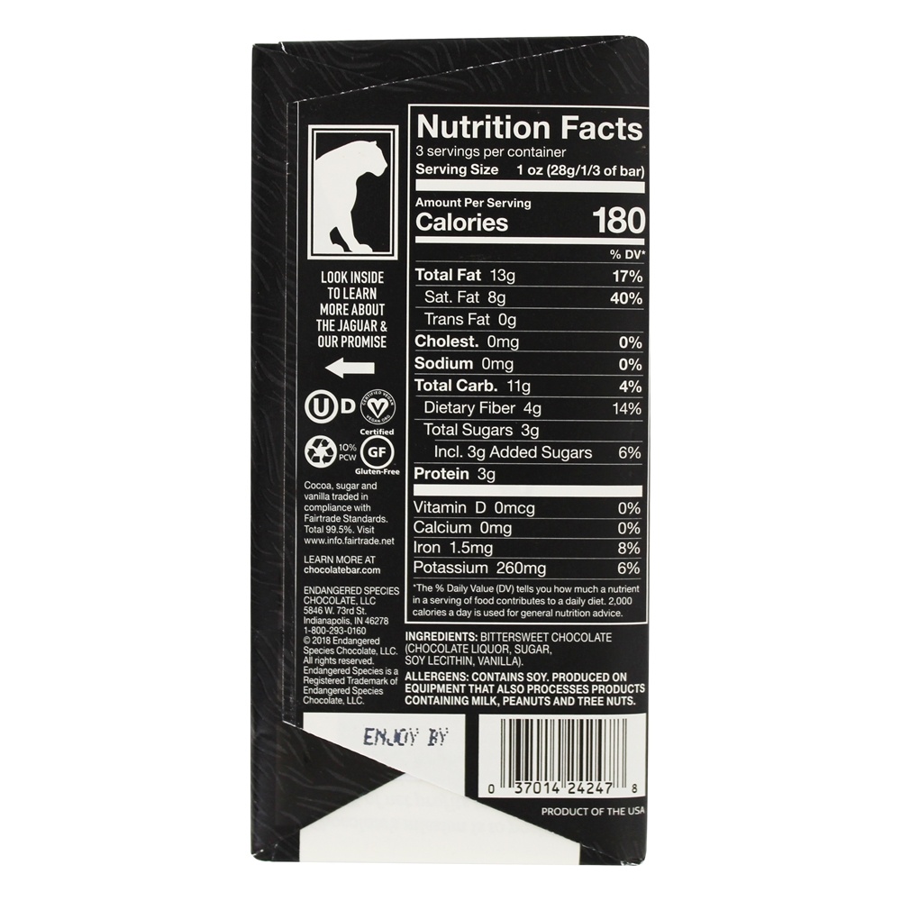 Barra de chocolate escuro 88 % de cacau forte e aveludado - 3 oz. Endangered Species - Imagem 2