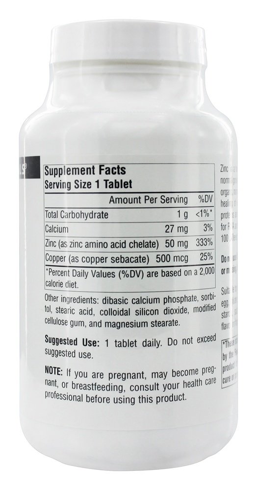 Quelato de Aminoácidos de Zinco 50 mg. - 250 Tablets Source Naturals - Imagem 2