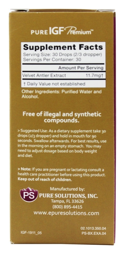 Pure IGF Prêmio Concentrado Crescimento Fatores Veado Veludo Galhada Extrair 11 mg. - 1 fl. oz. Pure Solutions - Imagem 2