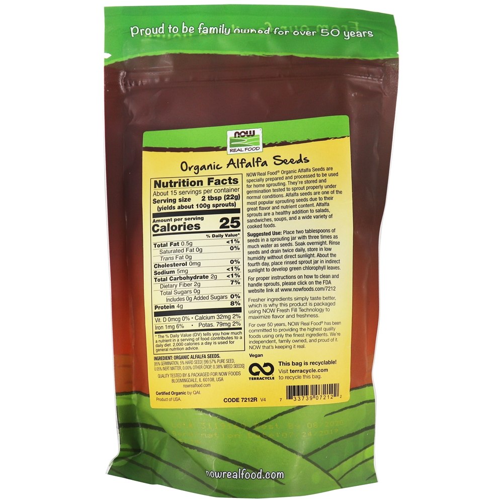 Agora sementes de alfafa orgânicas de comida real para brotação - 12 oz. NOW Foods - Imagem 2