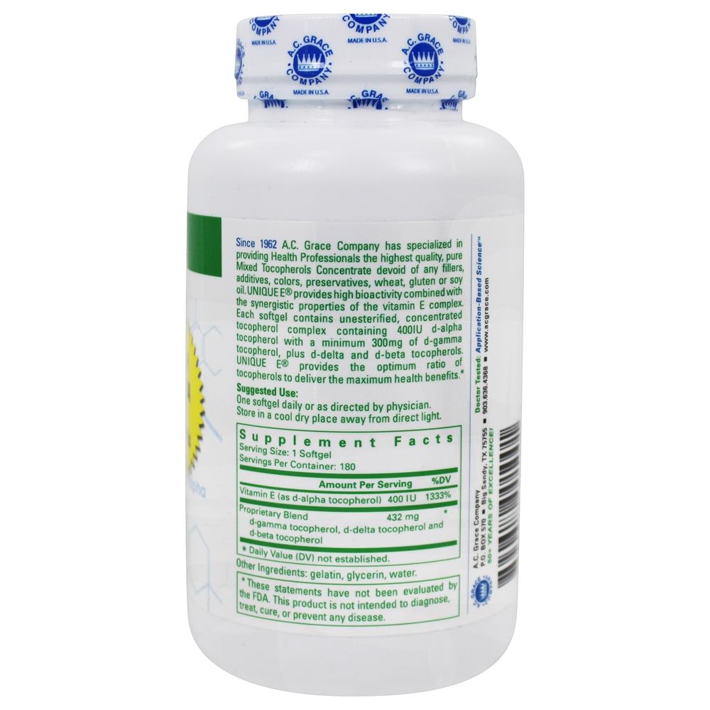 Unique E ótimo Vitamina E Complexo - 180 Softgels A.C. Grace - Imagem 2
