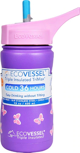 EcoVessel Frost Kids TriMax Insulated Water Bottle with Flip Straw top - Purple with Butterflies -- 13 oz