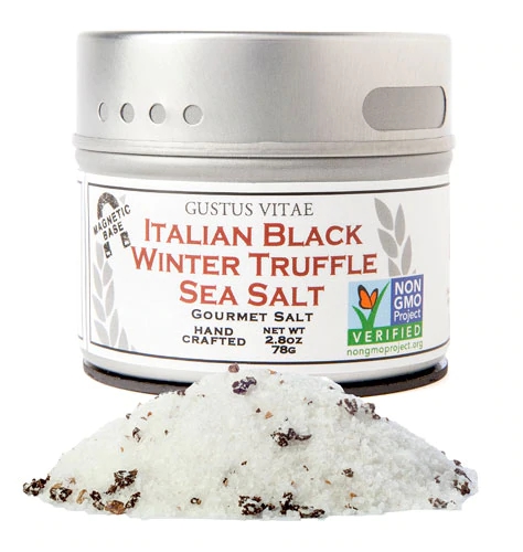 Gustus Vitae Gourmet Salt in Magnetic Tin Italian Black Truffle Sea Salt -- 2.7 oz