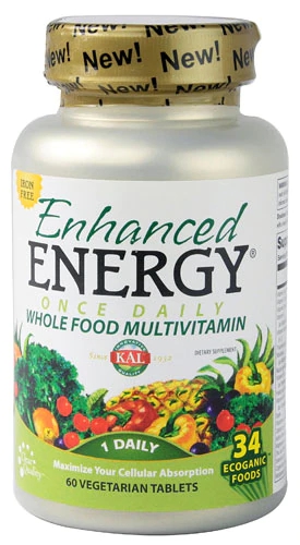 KAL Enhanced Energy Once Daily Whole Food Vitamin Iron Free -- 60 Vegetarian Tablets