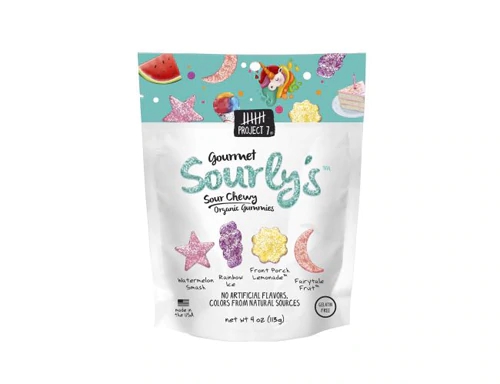 Project 7 Gourmet Sourly's Sour Chewy Gummies Watermelon Smash, Rainbow Ice, Front Porch Lemonade, Fairytale Fruit -- 4 oz