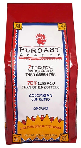 Puroast Low Acid Coffee Colombian Supremo Blend Drip Grind Bag -- 2.5 lbs