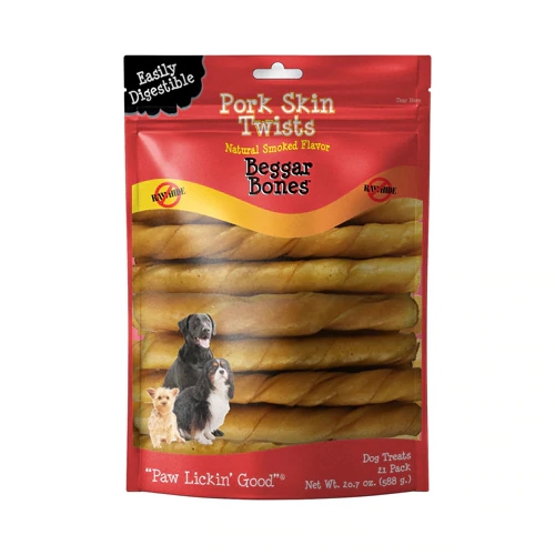 Savory Prime Treat Pork Skin Twists Natural Smoked Flavor Beggar Bones -- 21 Pack