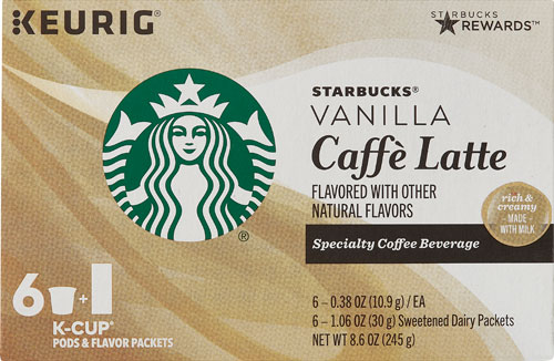 Starbucks Caffe Latte K-Cup Pods & Flavor Packets Vanilla -- 6 K-Cups