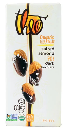 Theo Chocolate Organic Fair Trade 70% Dark Chocolate Bar Salted Almond -- 3 oz