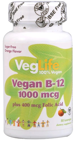 VegLife Vegan B12 plus Folic Acid Orange -- 1000 mcg - 50 Lozenges