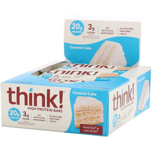 ThinkThin, Barras com Alto Teor de Proteínas, Bolo de Coco, 10 Barras, 60 g (2,1 oz) Cada