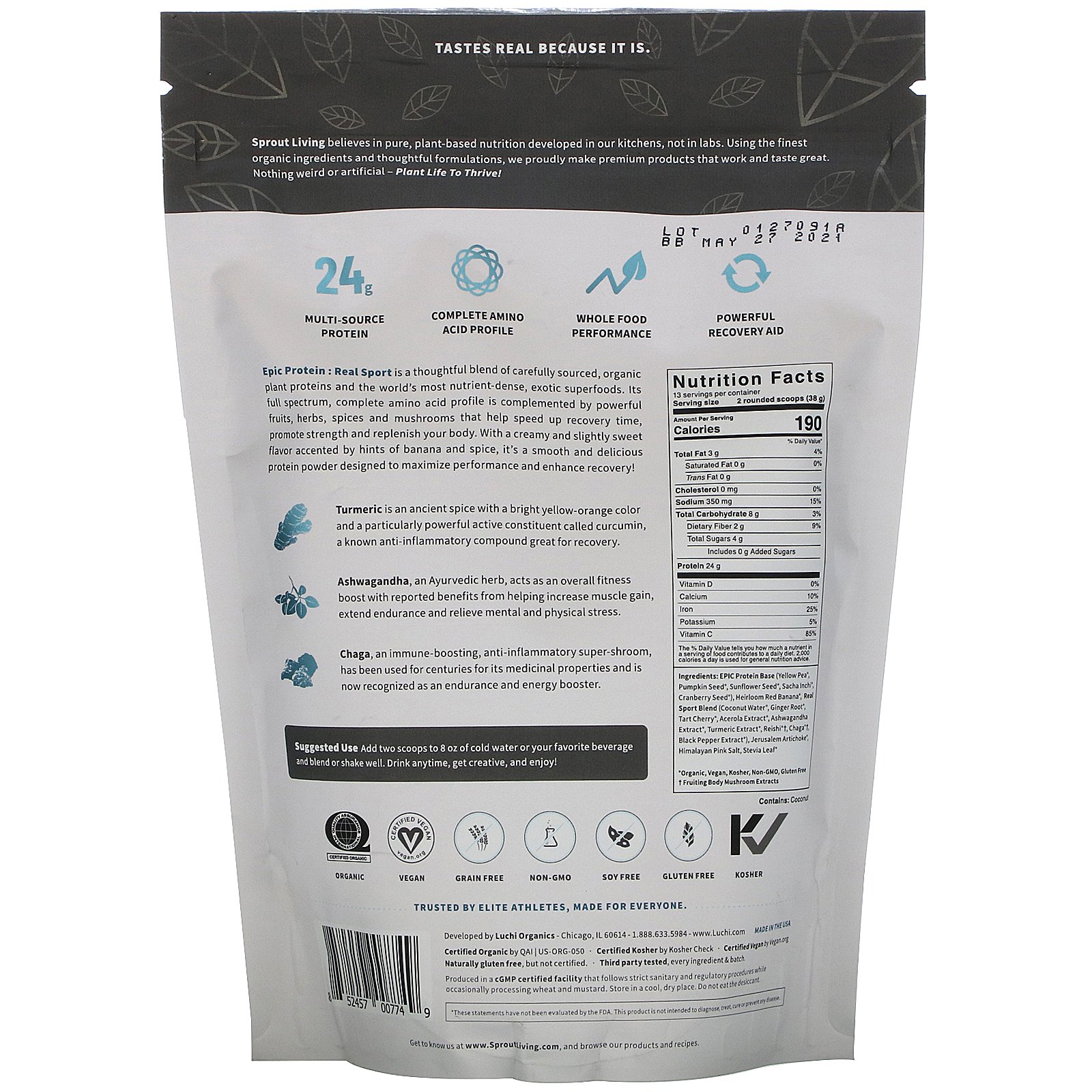 Sprout Living, Epic Protein, Organic Plant Protein + Superfoods, Real Sport, 1.1 lb (494 g) - Imagem 2