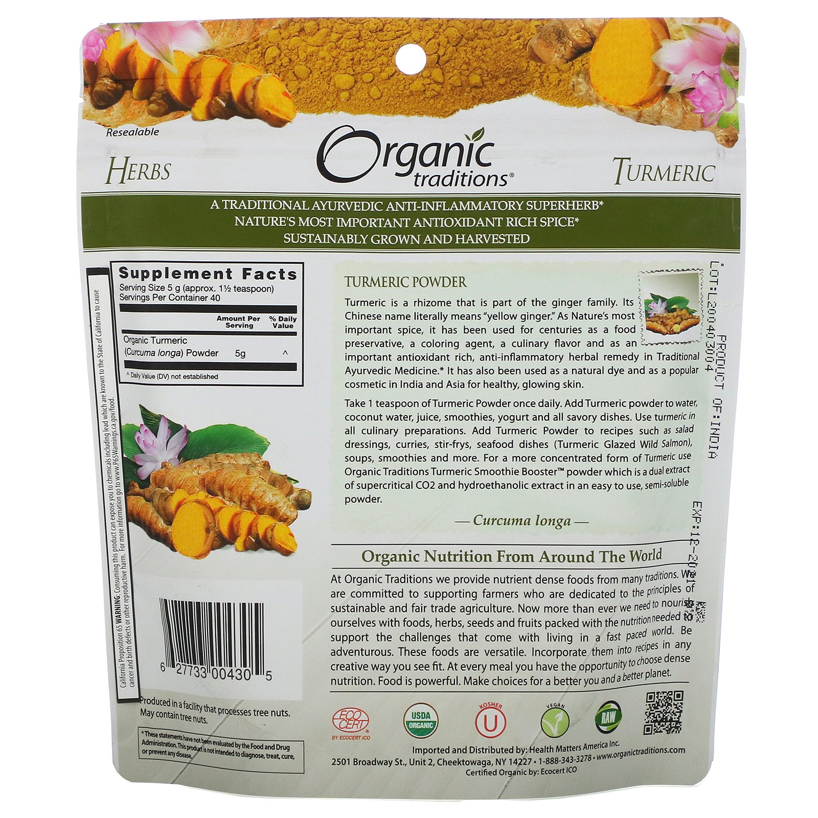 Organic Traditions, Turmeric Powder, 7 oz (200 g) - Imagem 2