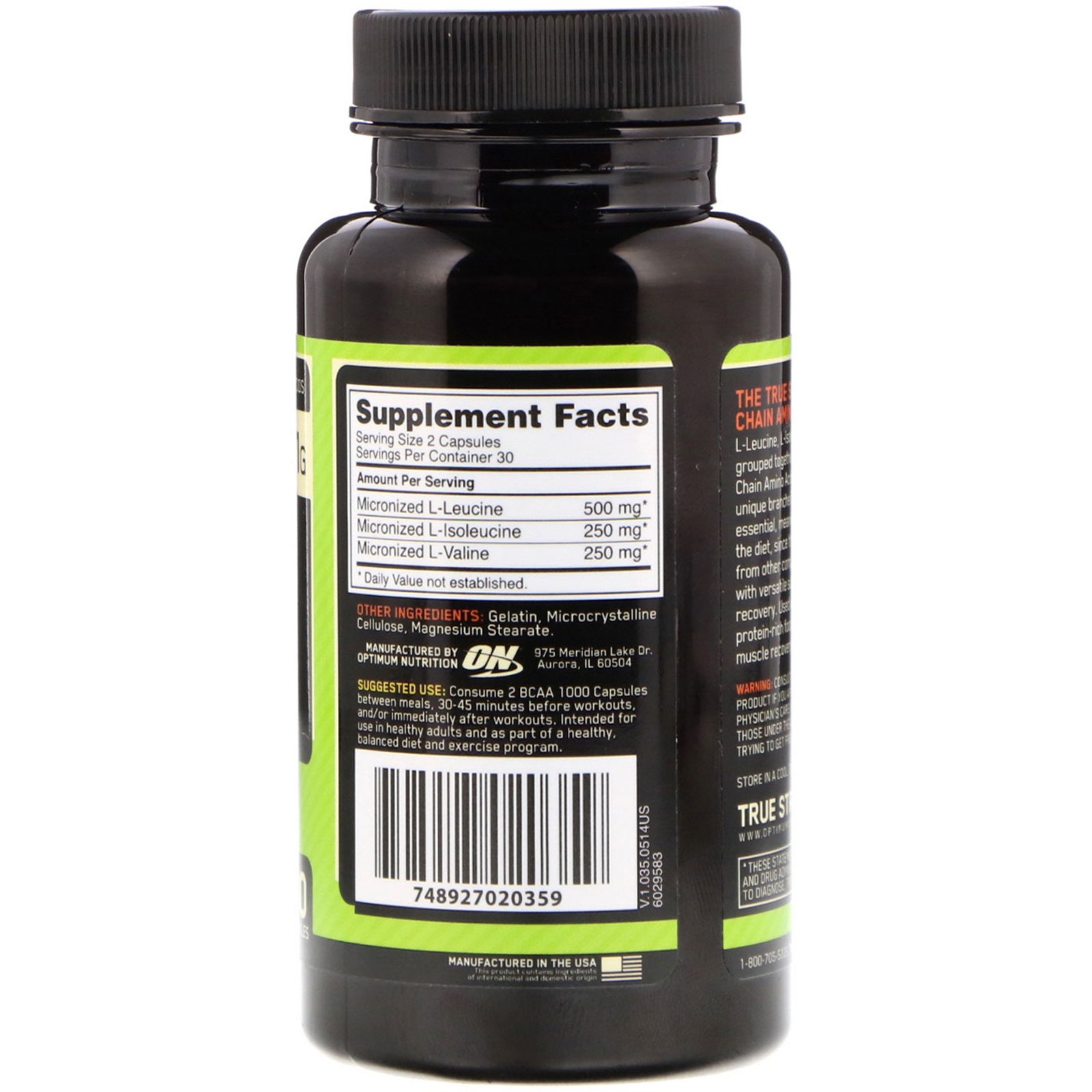 Optimum Nutrition, BCAA 1000 Caps, Tamanho Grande, 1 g, 60 Cápsulas - Imagem 2