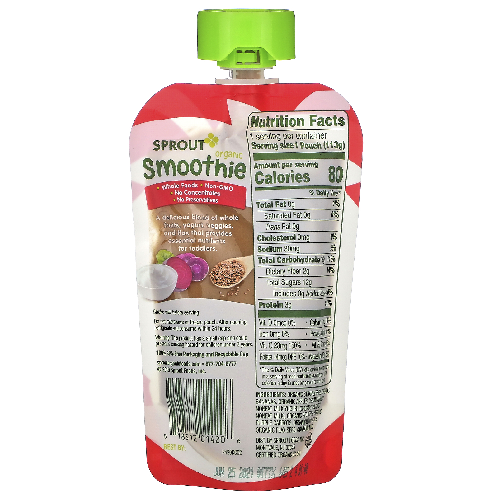 Sprout Organic, Smoothie, Strawberry Banana with Yogurt, Veggies & Flax Seed, 4 oz ( 113 g) - Imagem 2