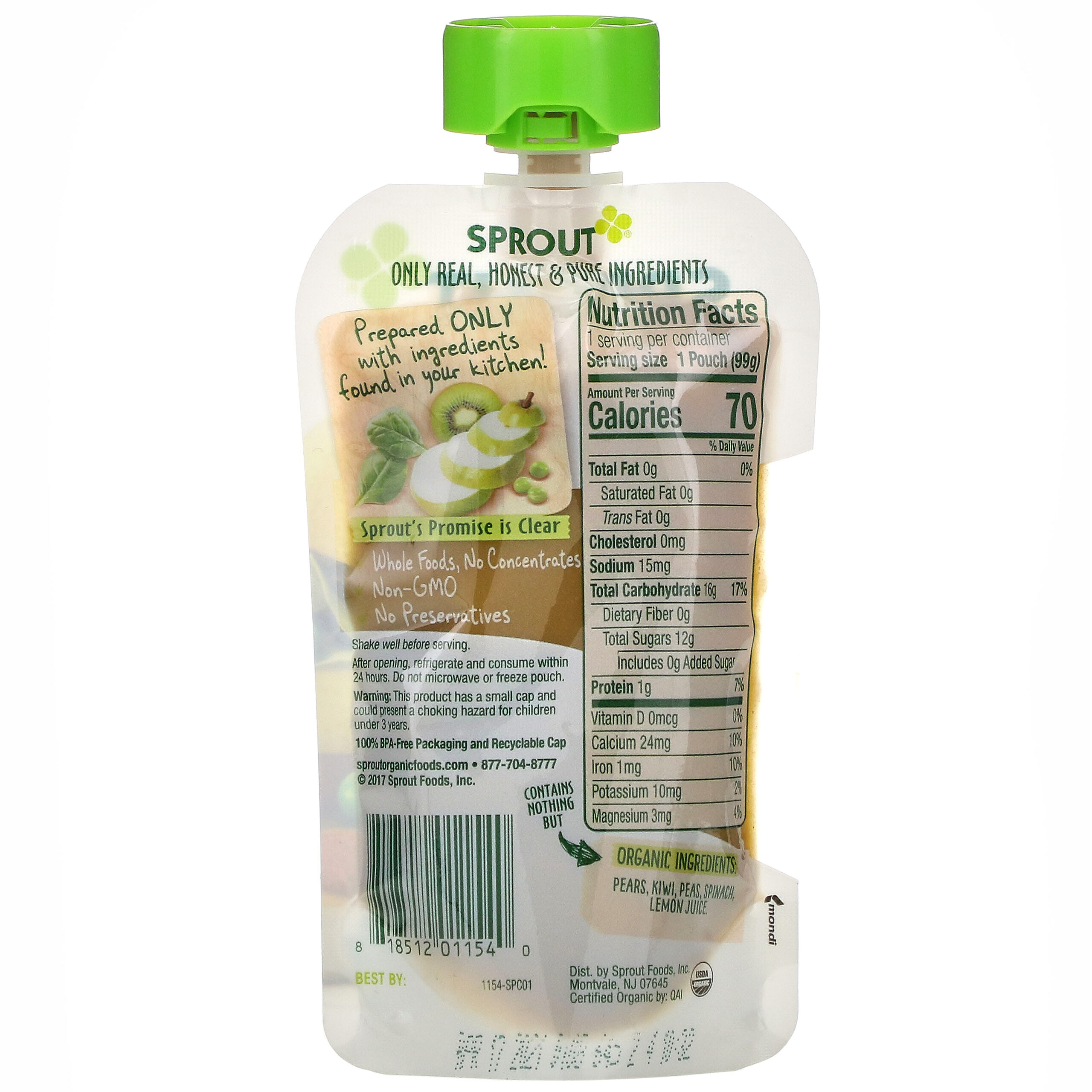 Sprout Organic, Organic Baby Food, 6 Months & Up, Pear Kiwi Peas Spinach, 3.5 oz (99 g) - Imagem 2