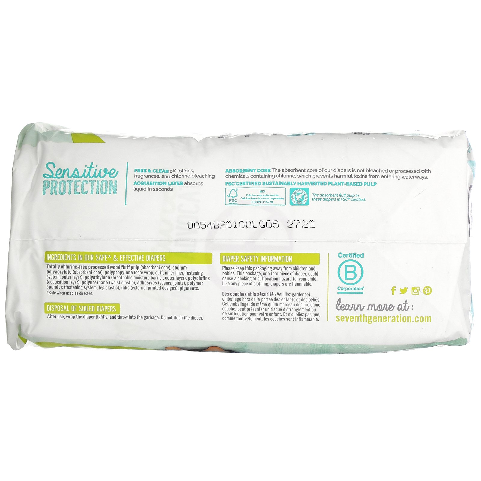 Seventh Generation, Sensitive Protection Diapers, Size 5, 27- 35 lbs, 19 Diapers - Imagem 2